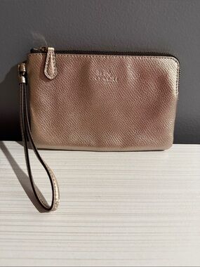 Coach metallic gold crossgrain leather corner zip wristlet